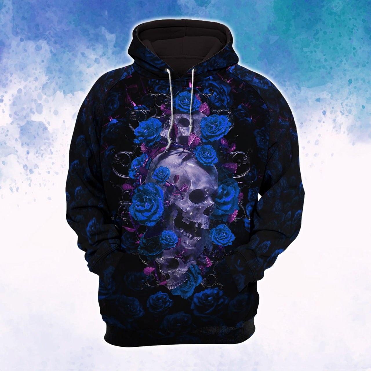 Blue Rose Skull Gothic Artwork Combo Hoodie and Leggings - Wonder Skull