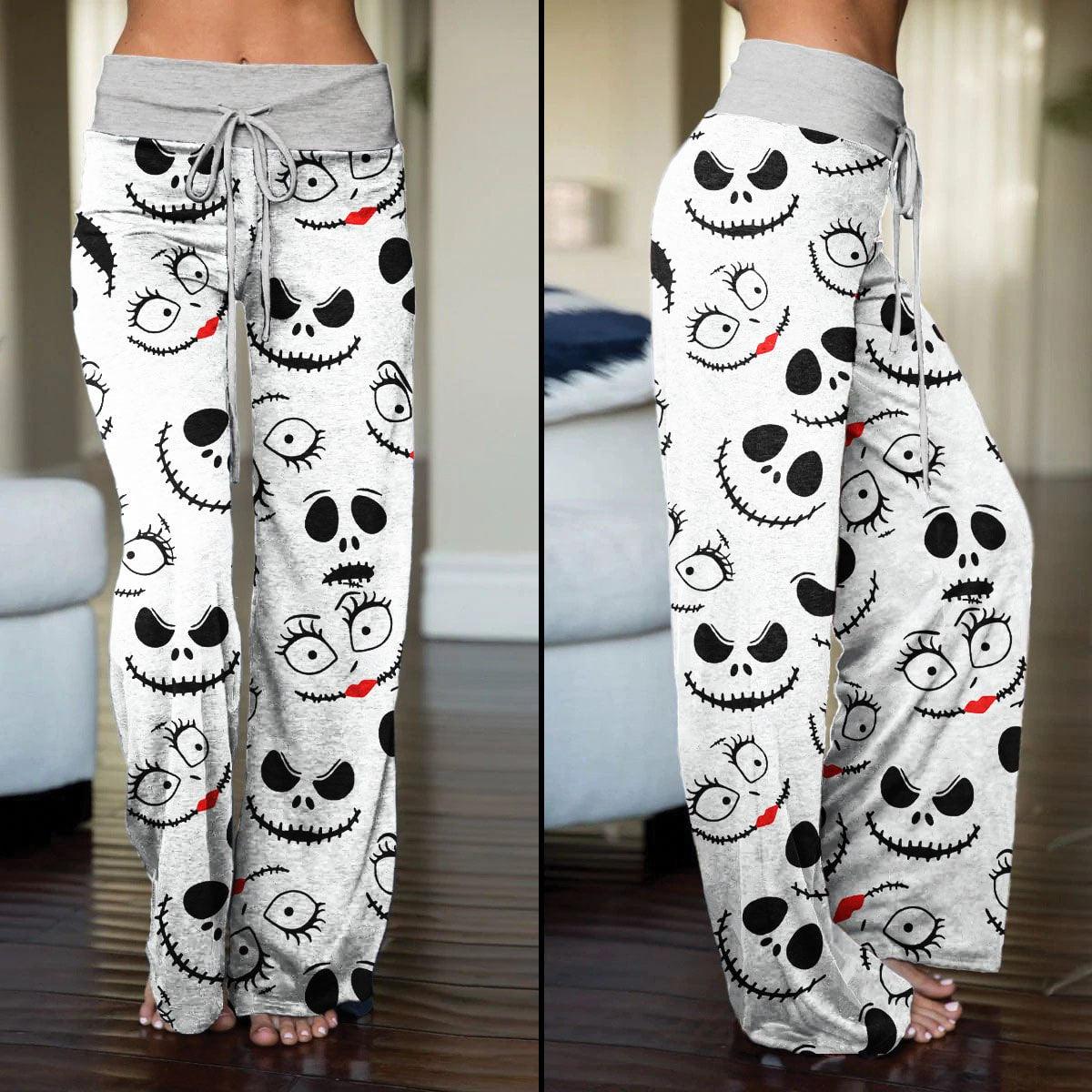 White Pajama Pants Print Drawstring Palazzo Lounge Pants Wide Leg - Wonder Skull