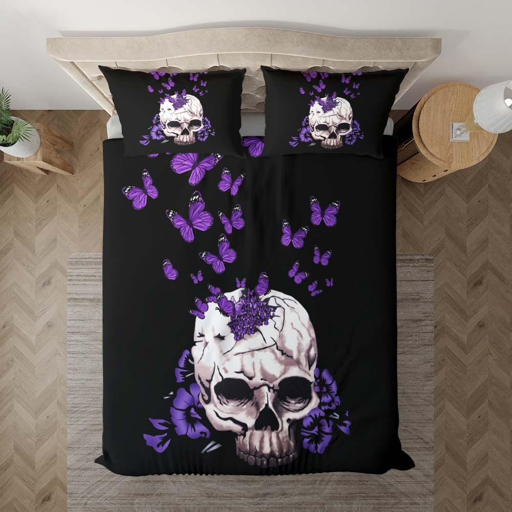 Purple Butterfly Skull With Flower Duvet Cover Set - Wonder Skull