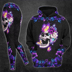 Purple Gradient Flower Skull Hoodie And Leggings Set - Wonder SKull