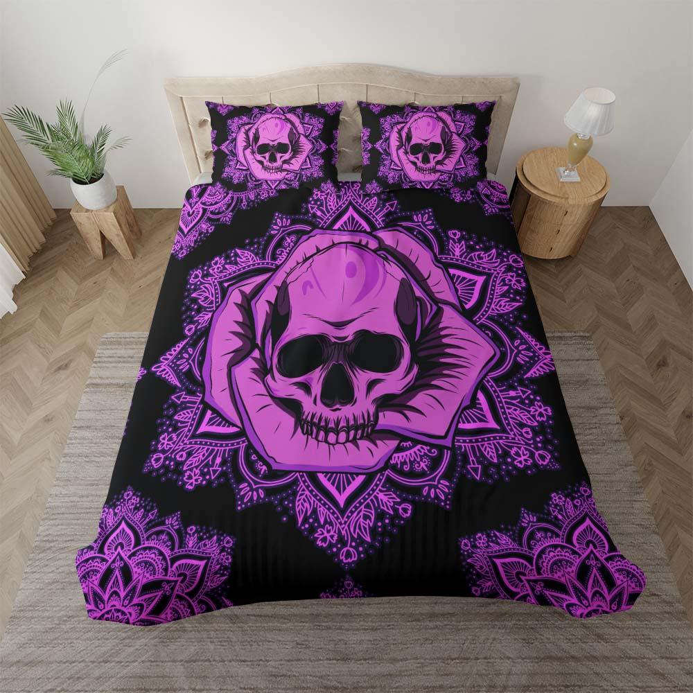 Purple Mandala Skull Rose Duvet Cover Set - Wonder Skull