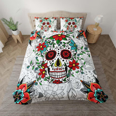 Red Eyes Skull With Flower Duvet Cover Set - Wonder Skull