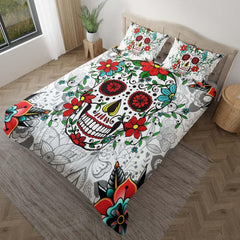 Red Eyes Skull With Flower Duvet Cover Set - Wonder Skull