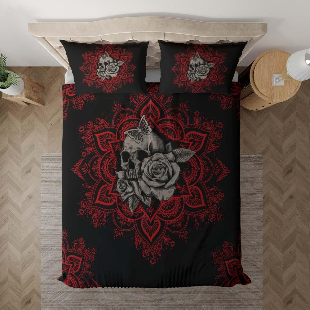 Red Mandala Butterfly Skull With Flower Duvet Cover Set - Wonder Skull