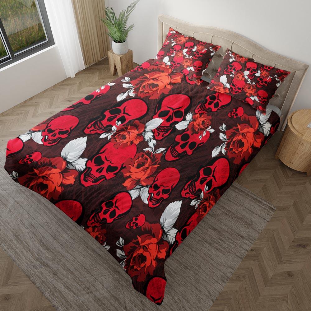 Red Skull Flower Pattern Duvet Cover Set - Wonder Skull