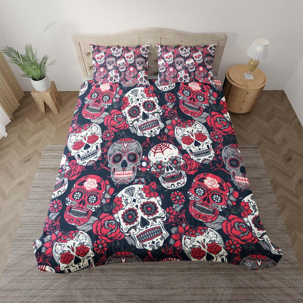 Red Sugar Skull Pattern Duvet Cover Set - Wonder Skull