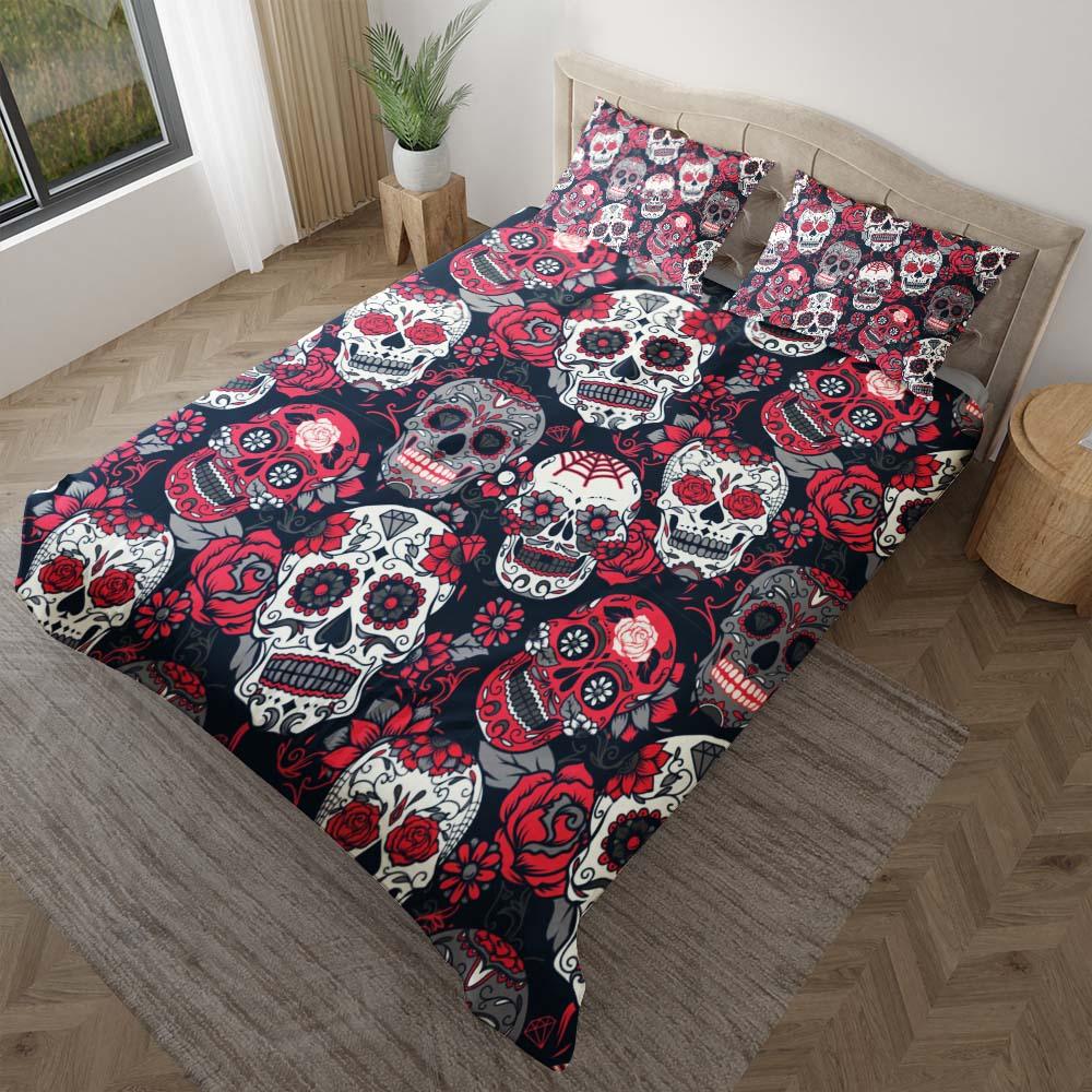 Red Sugar Skull Pattern Duvet Cover Set - Wonder Skull