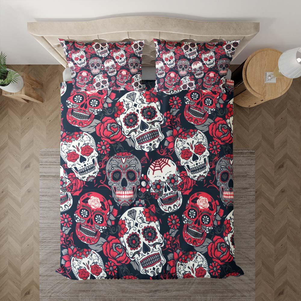 Red Sugar Skull Pattern Duvet Cover Set - Wonder Skull