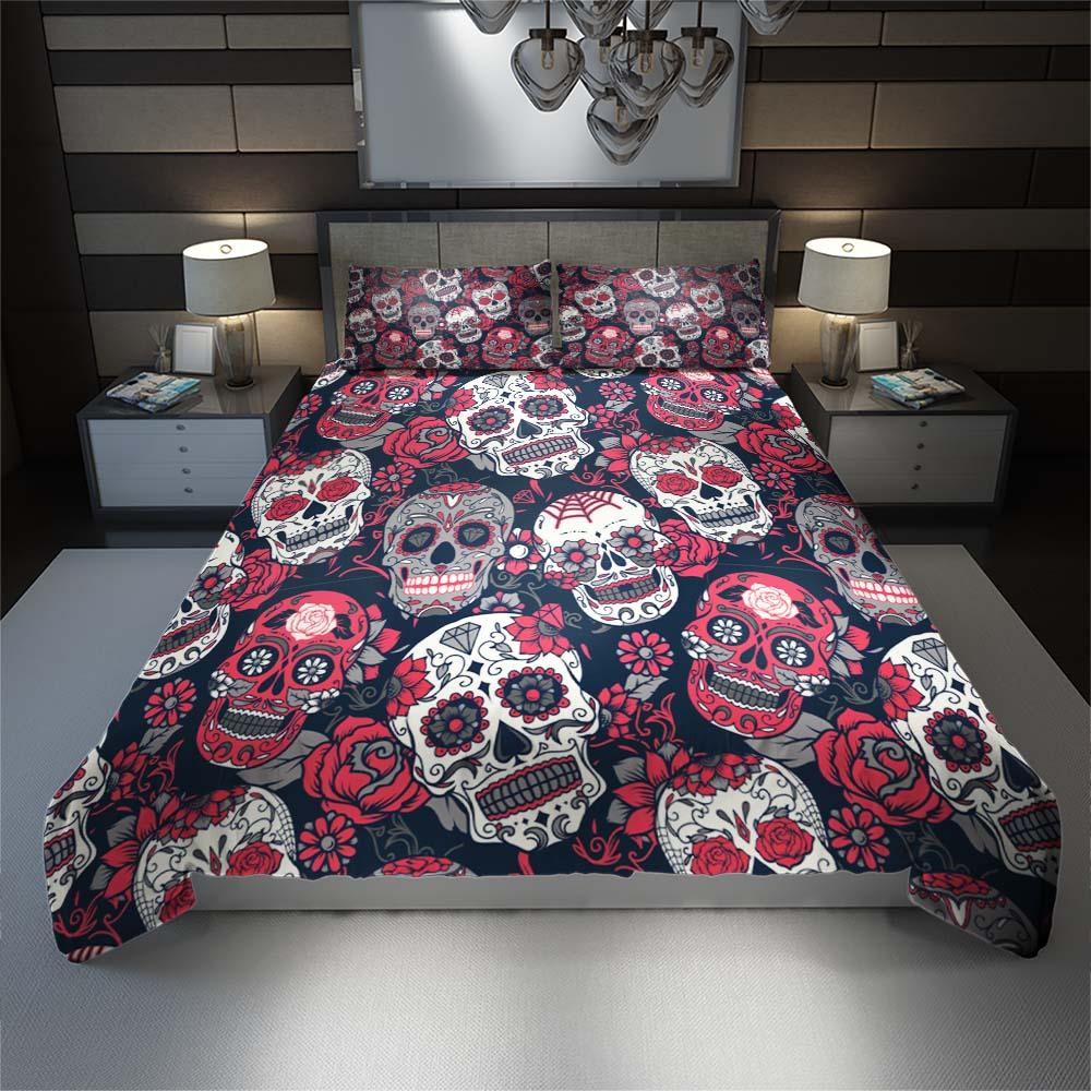 Red Sugar Skull Pattern Duvet Cover Set - Wonder Skull