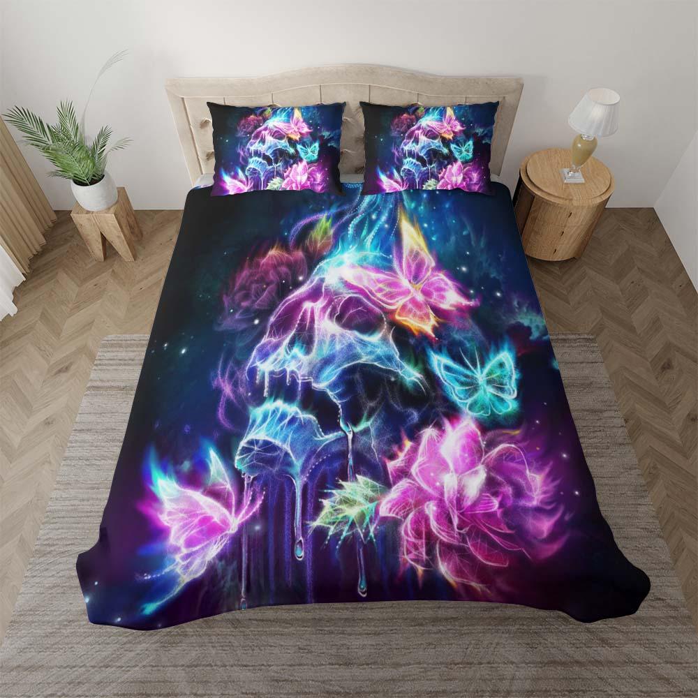 Shiny Neon Skull Butterfly Duvet Cover Set - Wonder Skull