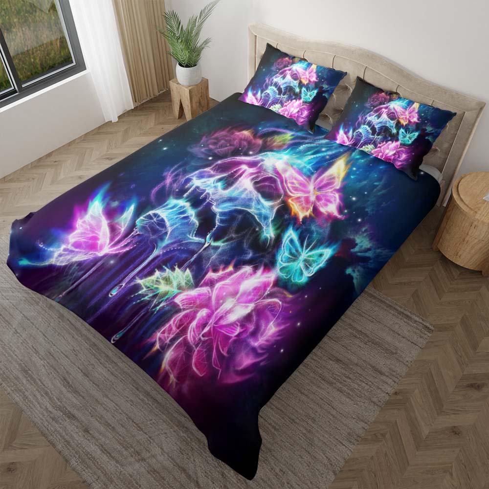 Shiny Neon Skull Butterfly Duvet Cover Set - Wonder Skull