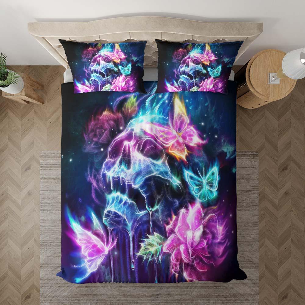 Shiny Neon Skull Butterfly Duvet Cover Set - Wonder Skull