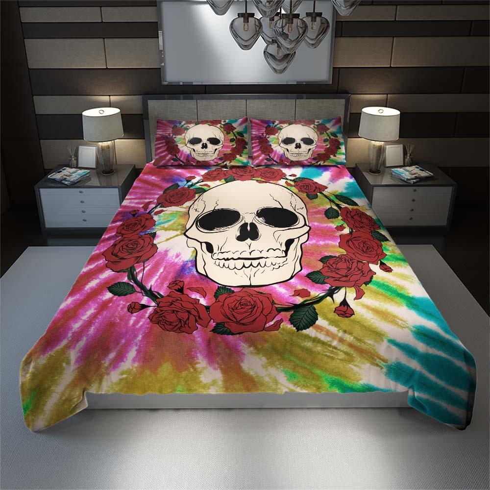 Skull And Circle Roses Tie Dye Duvet Cover Set - Wonder Skull