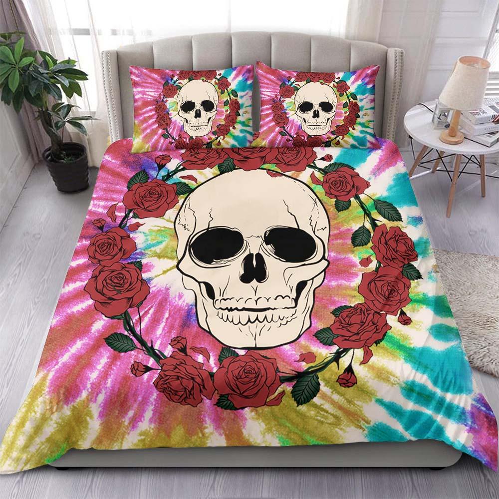 Skull And Circle Roses Tie Dye Duvet Cover Set - Wonder Skull