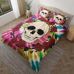 Skull And Circle Roses Tie Dye Duvet Cover Set - Wonder Skull
