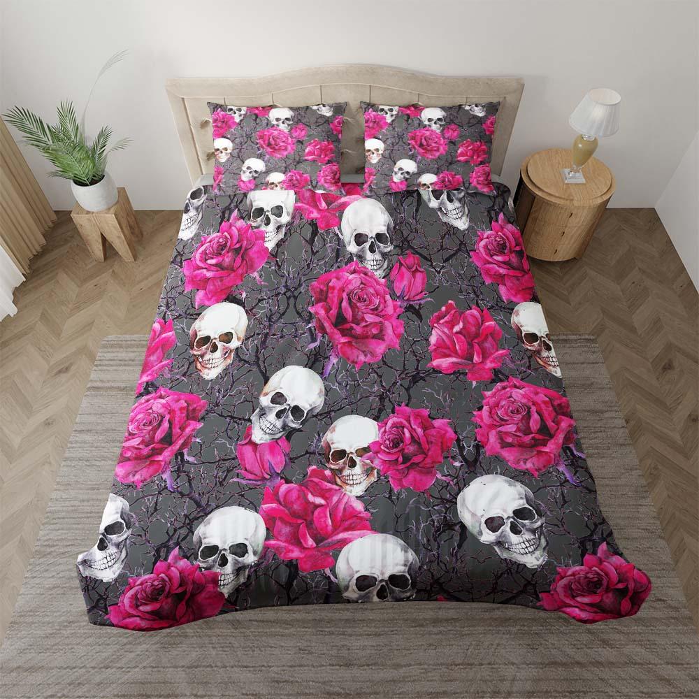 Skull And Pink Rose Pattern Dark Gray Duvet Cover Set - Wonder Skull