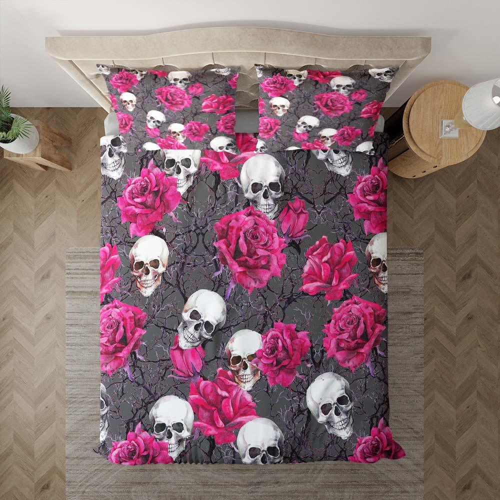 Skull And Pink Rose Pattern Dark Gray Duvet Cover Set - Wonder Skull