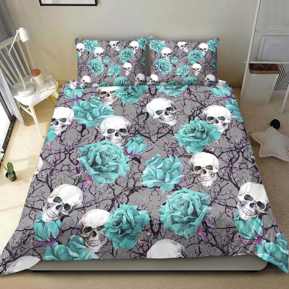 Skull And Soft Cyan Rose Pattern Dark Gray Duvet Cover Set - Wonder Skull