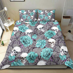 Skull And Soft Cyan Rose Pattern Dark Gray Duvet Cover Set - Wonder Skull