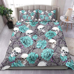 Skull And Soft Cyan Rose Pattern Dark Gray Duvet Cover Set - Wonder Skull