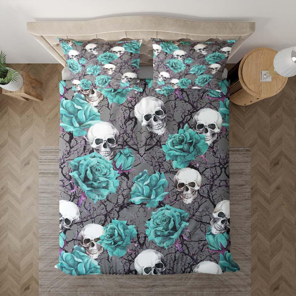 Skull And Soft Cyan Rose Pattern Dark Gray Duvet Cover Set - Wonder Skull