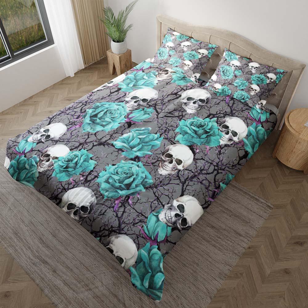 Skull And Soft Cyan Rose Pattern Dark Gray Duvet Cover Set - Wonder Skull