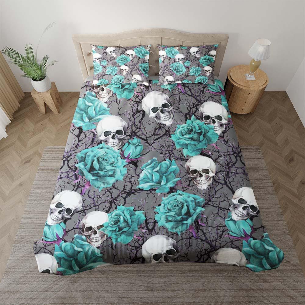 Skull And Soft Cyan Rose Pattern Dark Gray Duvet Cover Set - Wonder Skull