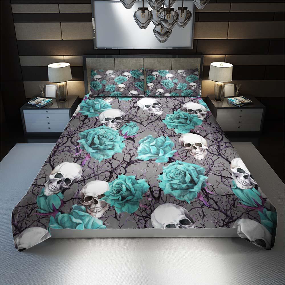 Skull And Soft Cyan Rose Pattern Dark Gray Duvet Cover Set - Wonder Skull