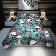 Skull And Soft Cyan Rose Pattern Dark Gray Duvet Cover Set - Wonder Skull