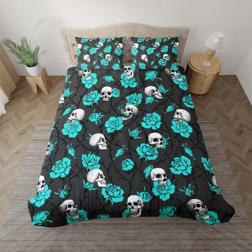 Skull And Strong Cyan Rose Pattern Duvet Cover Set - Wonder Skull