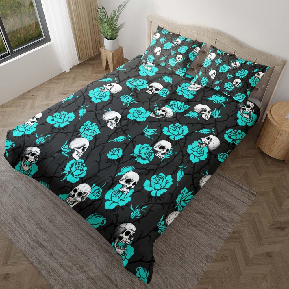 Skull And Strong Cyan Rose Pattern Duvet Cover Set - Wonder Skull