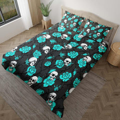 Skull And Strong Cyan Rose Pattern Duvet Cover Set - Wonder Skull
