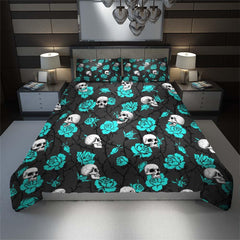 Skull And Strong Cyan Rose Pattern Duvet Cover Set - Wonder Skull