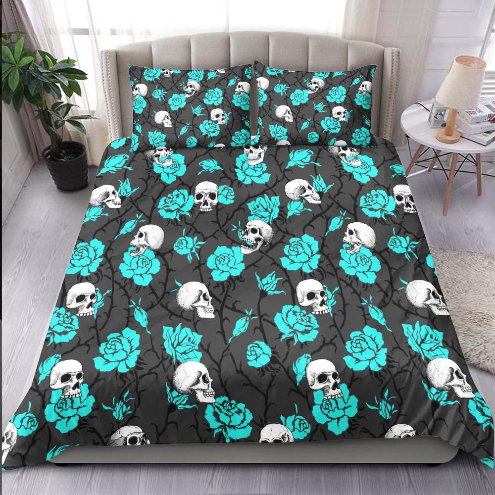 Skull And Strong Cyan Rose Pattern Duvet Cover Set - Wonder Skull
