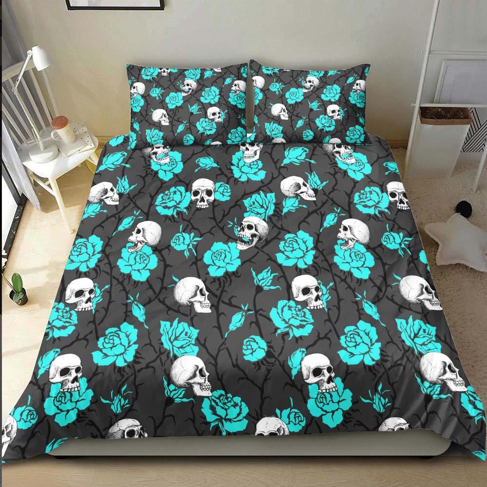 Skull And Strong Cyan Rose Pattern Duvet Cover Set - Wonder Skull