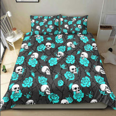 Skull And Strong Cyan Rose Pattern Duvet Cover Set - Wonder Skull