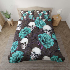 Skull Cyan Rose Gray Duvet Cover Set - Wonder Skull