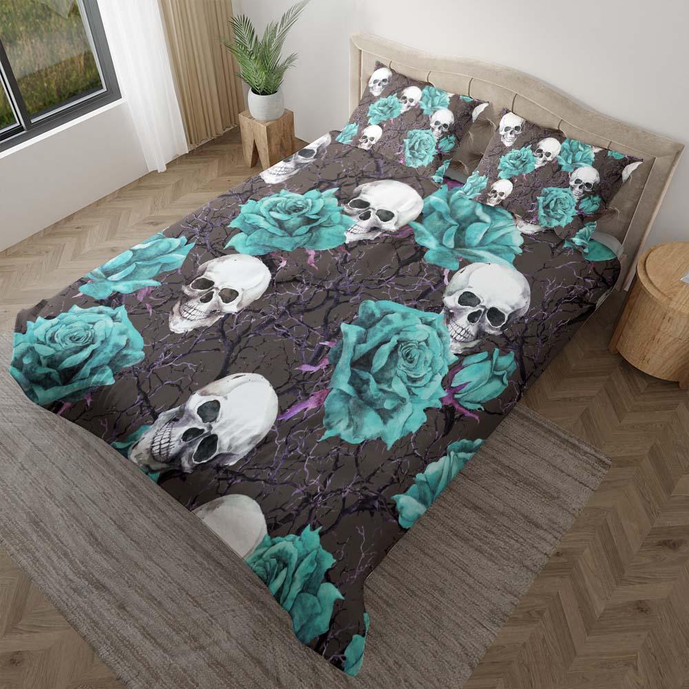 Skull Cyan Rose Gray Duvet Cover Set - Wonder Skull