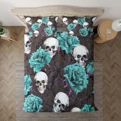 Skull Cyan Rose Gray Duvet Cover Set - Wonder Skull