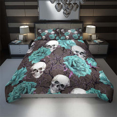 Skull Cyan Rose Gray Duvet Cover Set - Wonder Skull