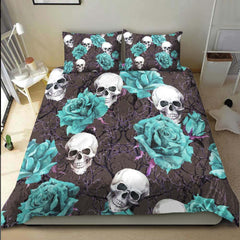 Skull Cyan Rose Gray Duvet Cover Set - Wonder Skull