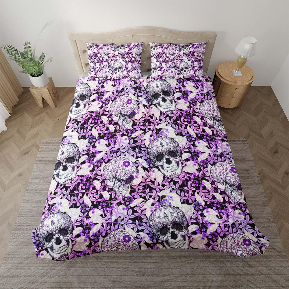 Skull Floral With Purple Leaf Pattern Duvet Cover Set - Wonder Skull
