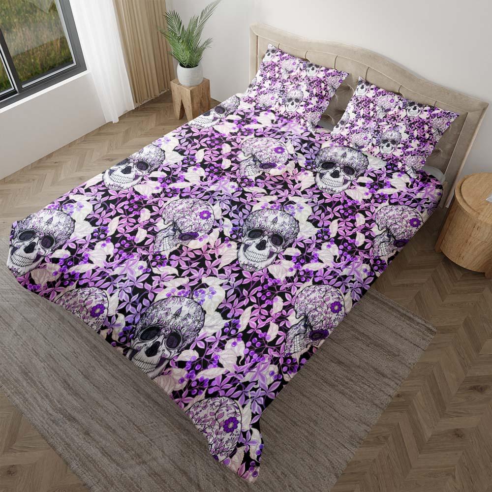 Skull Floral With Purple Leaf Pattern Duvet Cover Set - Wonder Skull