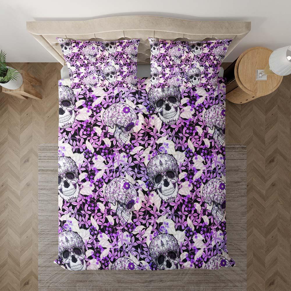 Skull Floral With Purple Leaf Pattern Duvet Cover Set - Wonder Skull