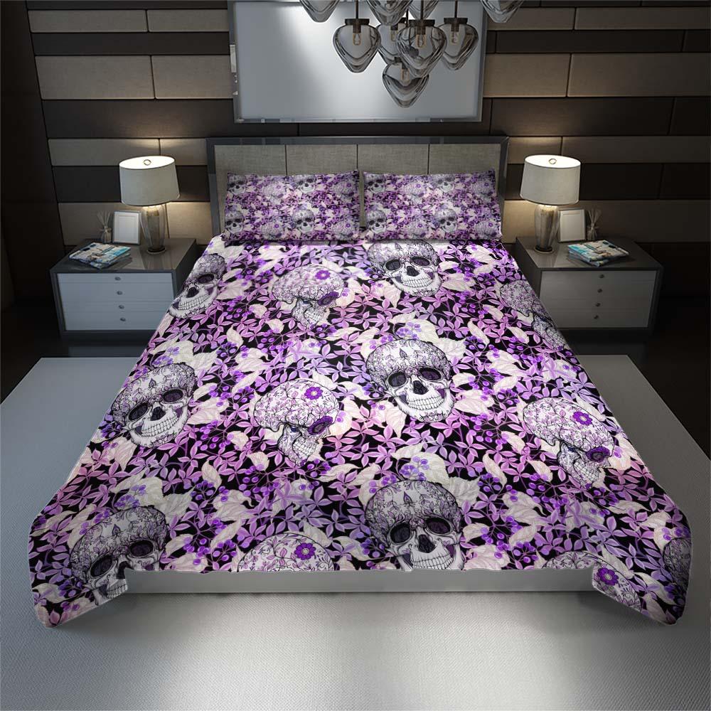 Skull Floral With Purple Leaf Pattern Duvet Cover Set - Wonder Skull