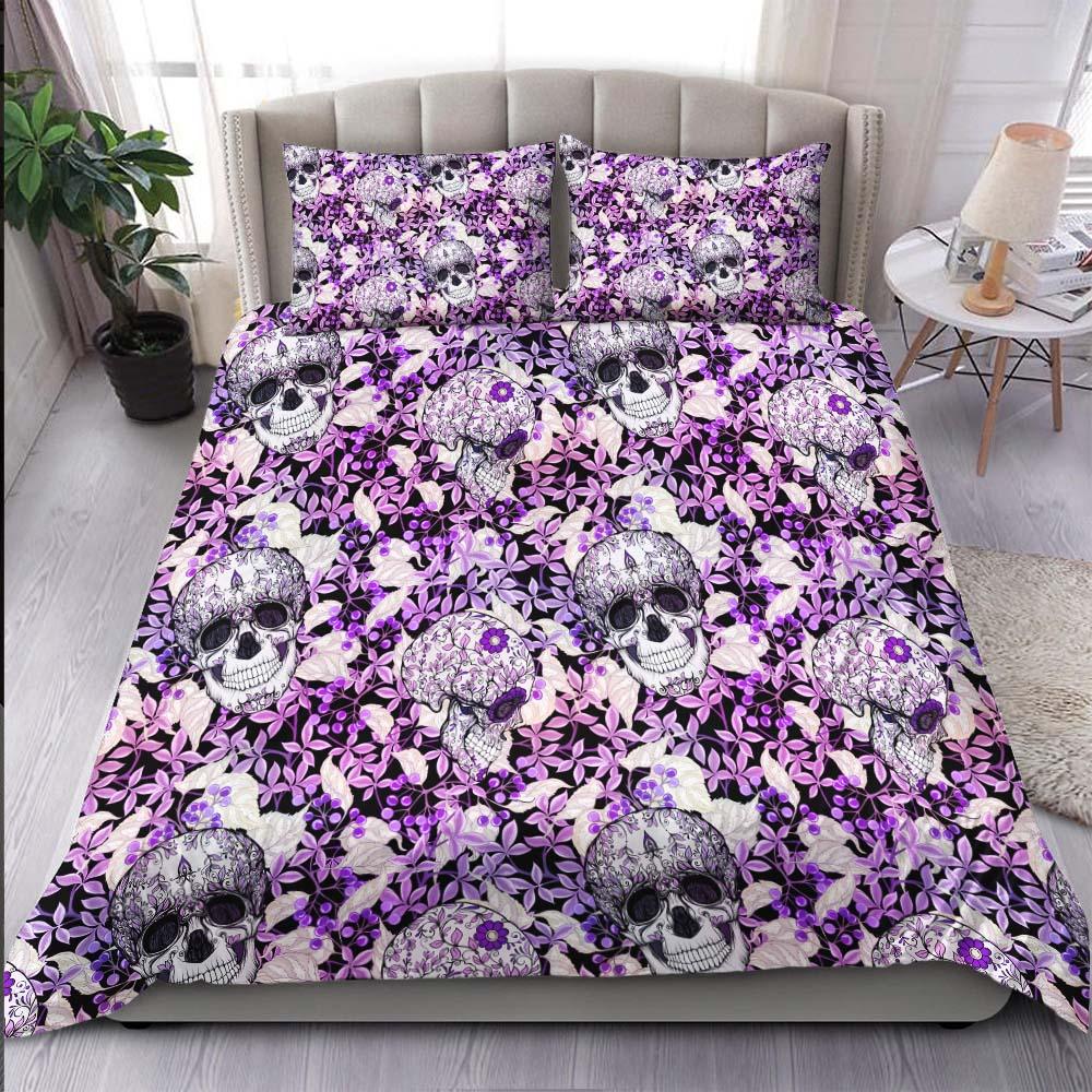Skull Floral With Purple Leaf Pattern Duvet Cover Set - Wonder Skull