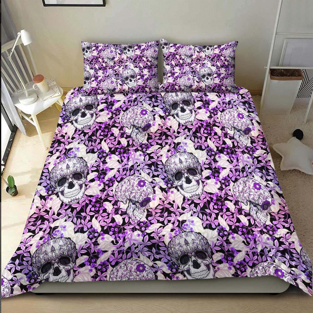 Skull Floral With Purple Leaf Pattern Duvet Cover Set - Wonder Skull