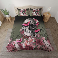 Skull Pink Rose And Butterfly Duvet Cover Set - Wonder Skull