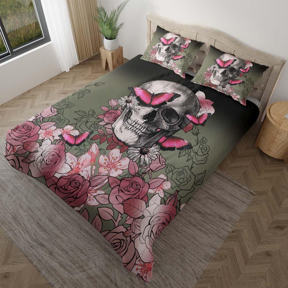 Skull Pink Rose And Butterfly Duvet Cover Set - Wonder Skull