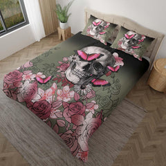 Skull Pink Rose And Butterfly Duvet Cover Set - Wonder Skull